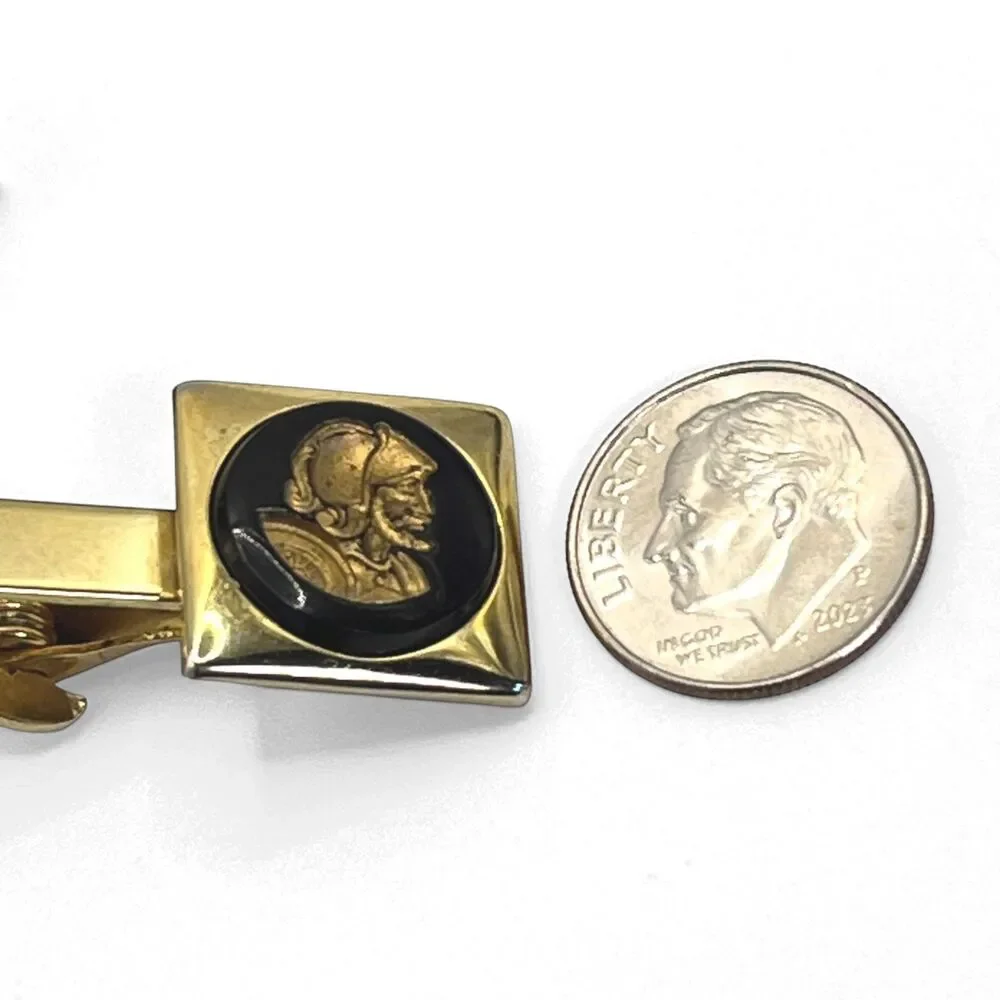 Vintage Gladiator Warrior Cufflinks Tie Clip Set Gold Tone Black Intaglio Cameo